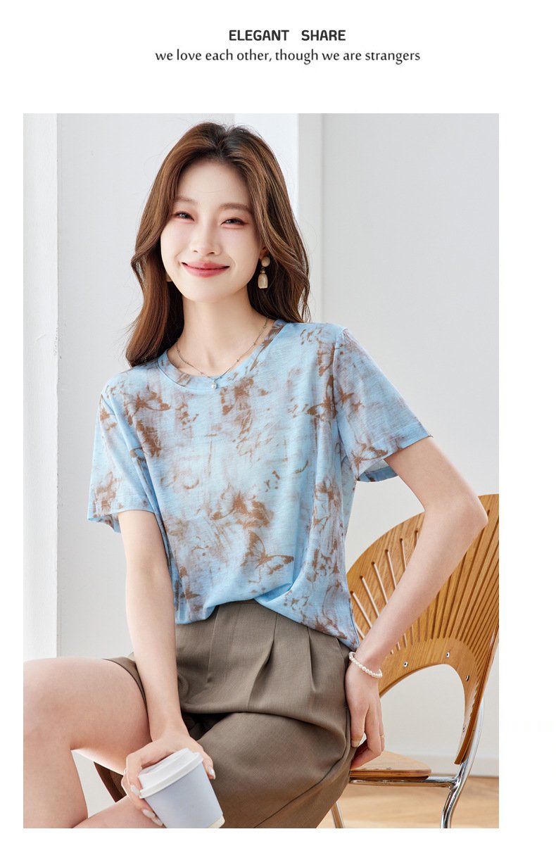 レディース トップス Tシャツ 半袖 プリント ゆったり スリム 春夏 きれいめ 春 夏 膝丈 ラウンドネック 上品 シャツ 切り替えデザイン タイ 丸首