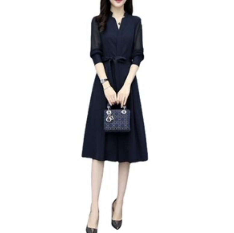 レディース ワンピース フレア 膝下 ミモレ 長袖 Vネック カシュクール Aライン フェミニン シフォン ウエストリボン ポケット ハイウエスト 透け感 シースルー 薄手 きれいめ シンプル 上品 おしゃれ レトロ こなれ感 ガーリー クール エレガント 存在感 フォーマル ロマンティック ナチュラル シック 無地 春 秋 デート お出かけ イベント レストラン 休日 ショッピング 発表会 コンサート 婚活 美脚 脚長 着回し お食事会 S M L XL 2XL 小さいサイズ 大きいサイズ ネイビー