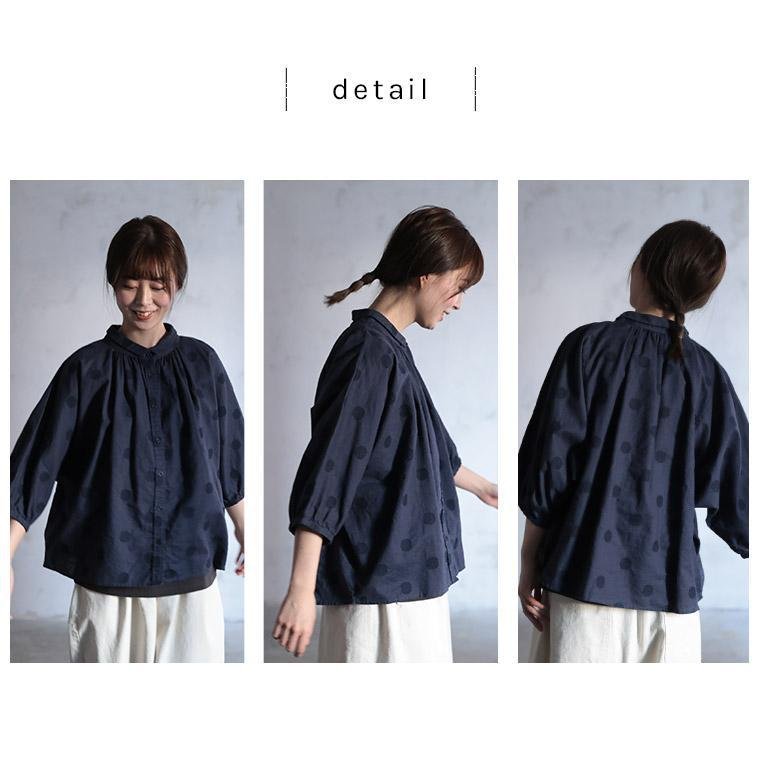 シャツ 長袖 ドット柄 春夏 きれいめ 前開き 春 夏 ラウンドネック 刺繍 上品 切り替えデザイン レギュラー ボタン ポリエステル ドット