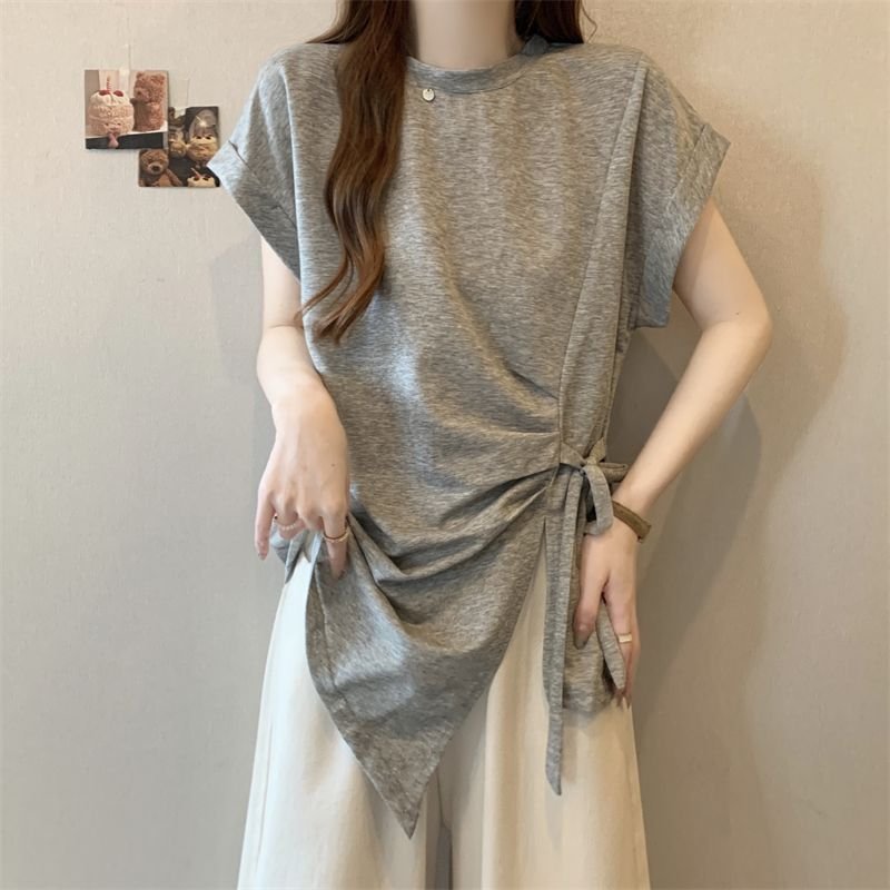 Tシャツ 半袖 ゆったり 春夏 カジュアル 春 夏 ラウンドネック レース ミモレ シャツ タイ レースアップ