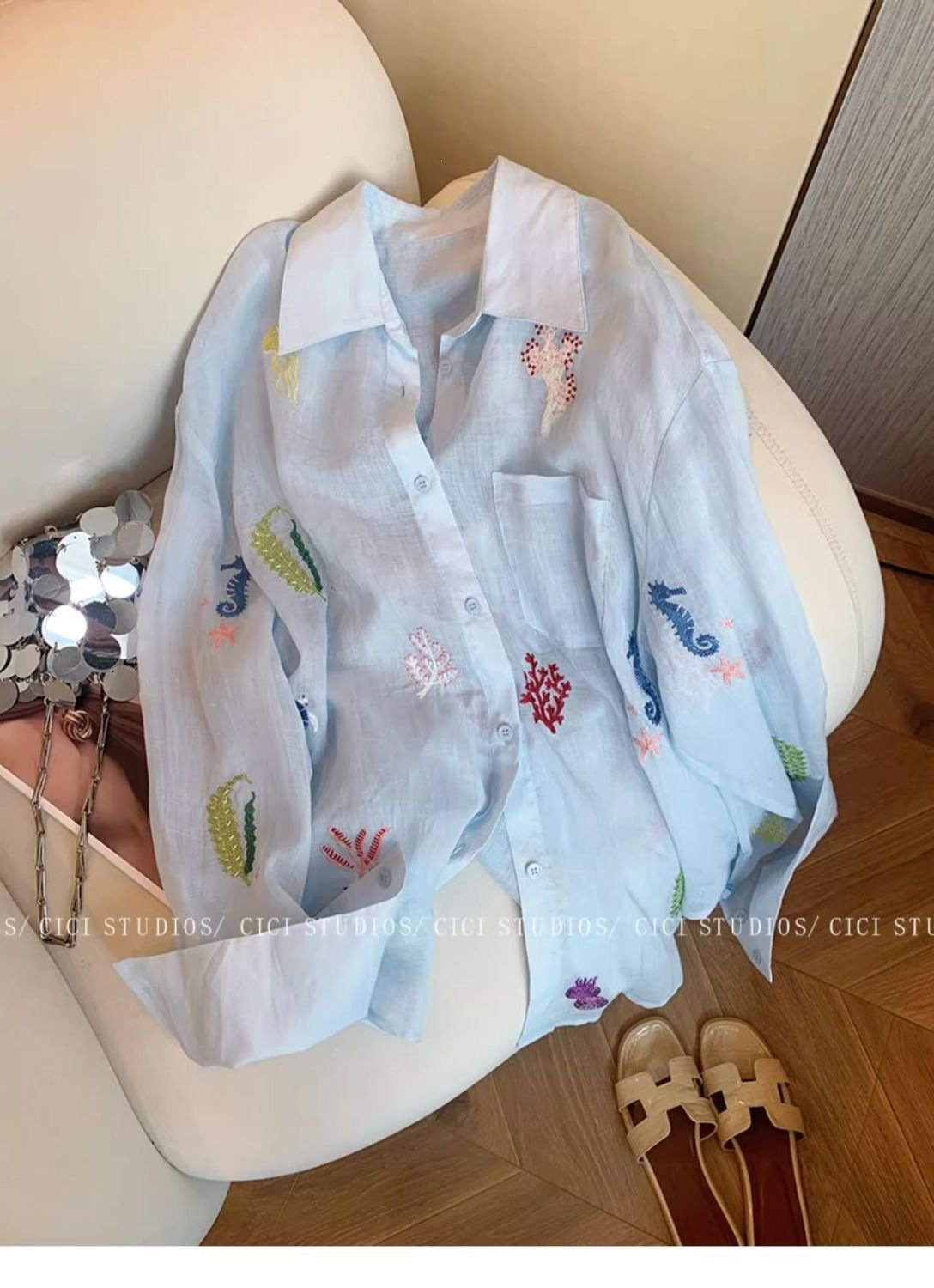 レディース シャツ 半袖 長袖 アニマル柄 春夏 前開き ミニ 春 夏 刺繍 ロング シフォン 切り替えデザイン 襟付き ブルー フェミニン ボタン UVカット
