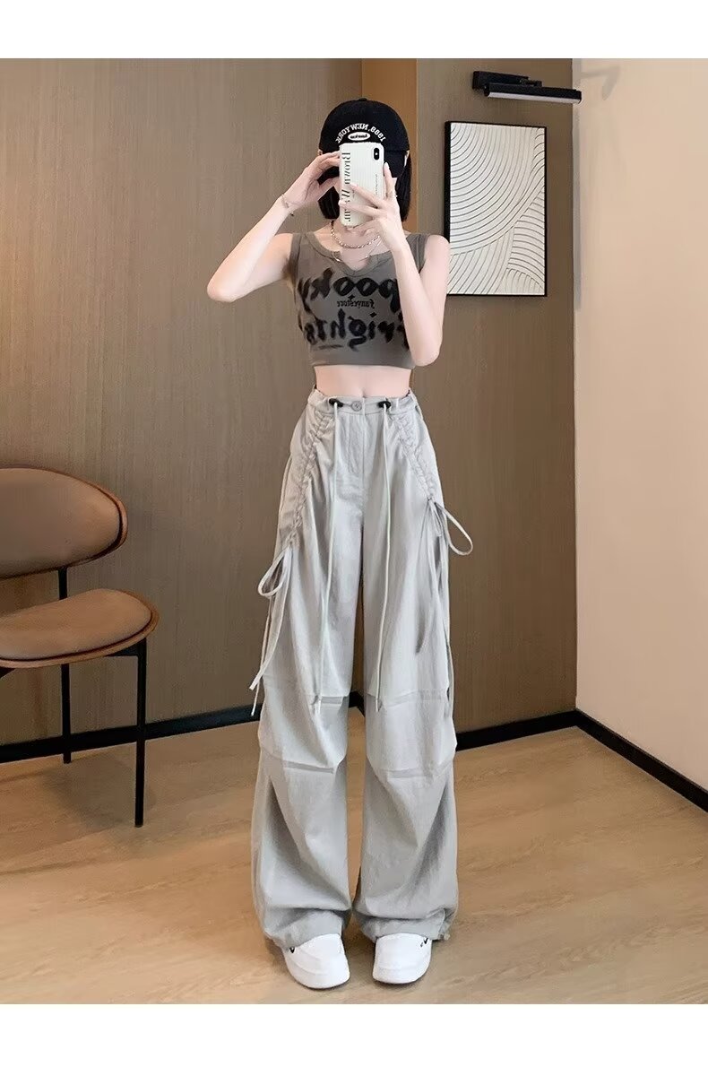 レディース パンツ ワイド カジュアル レトロ ストレート ワークパンツ 切り替えデザイン ストリート ポリエステル