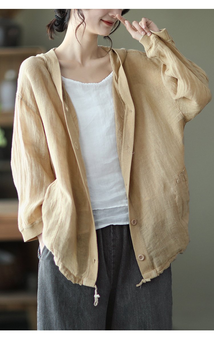 シャツ ジャケット 長袖 ゆったり コットン 綿 リネン 夏 レトロ 体型カバー 春夏 前開き 上品 フード