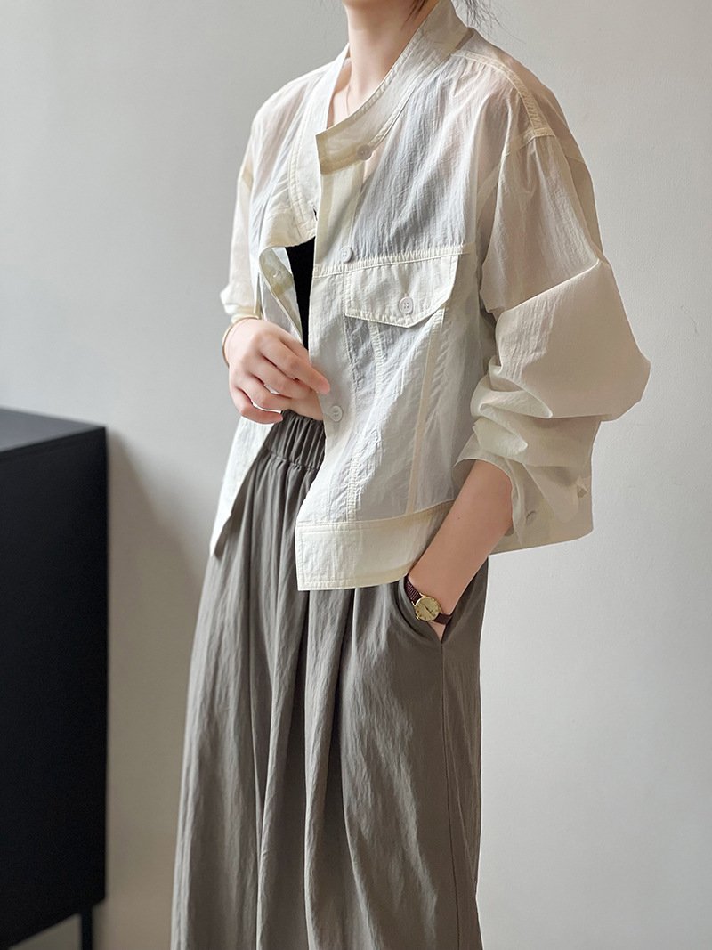 レディース シャツ コート 長袖 夏 韓国風 春夏 前開き ショート 薄手 スタンドカラー アウター ボタン ポリエステル