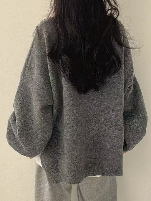 跨境外贸亚马逊TK欧美秋冬新款圆领侧开叉宽松灯笼袖女装针织毛衣