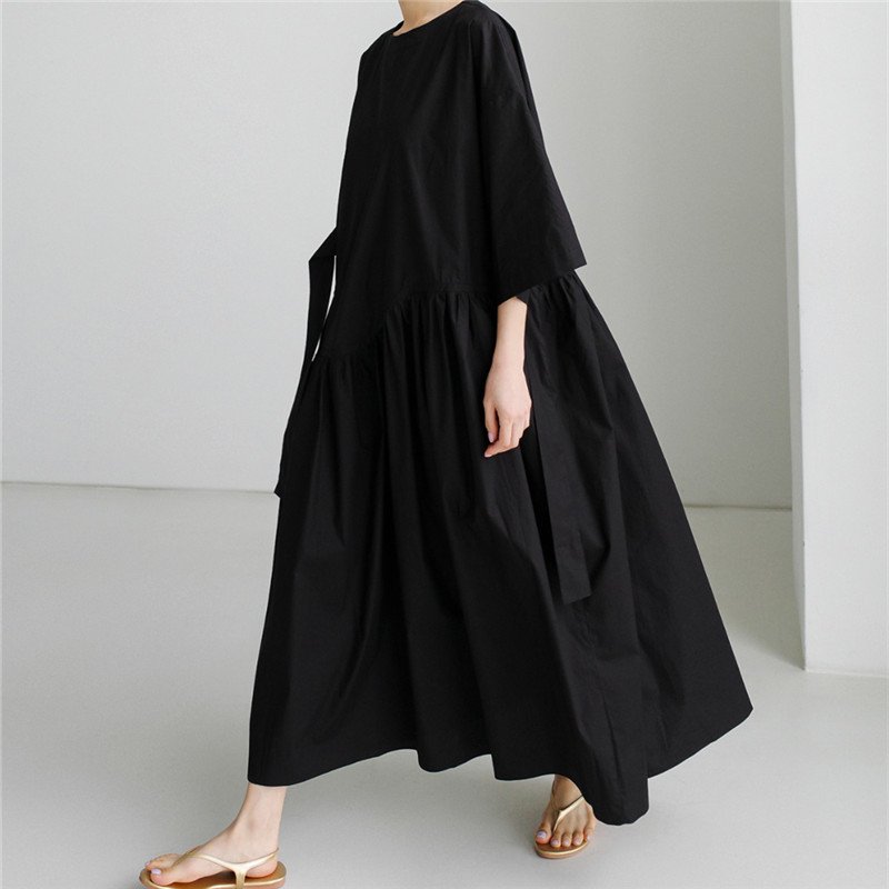 ワンピース 長袖 無地 春夏 カジュアル きれいめ 春 夏 ラウンドネック シンプル ロング 上品 大きい 切り替えデザイン