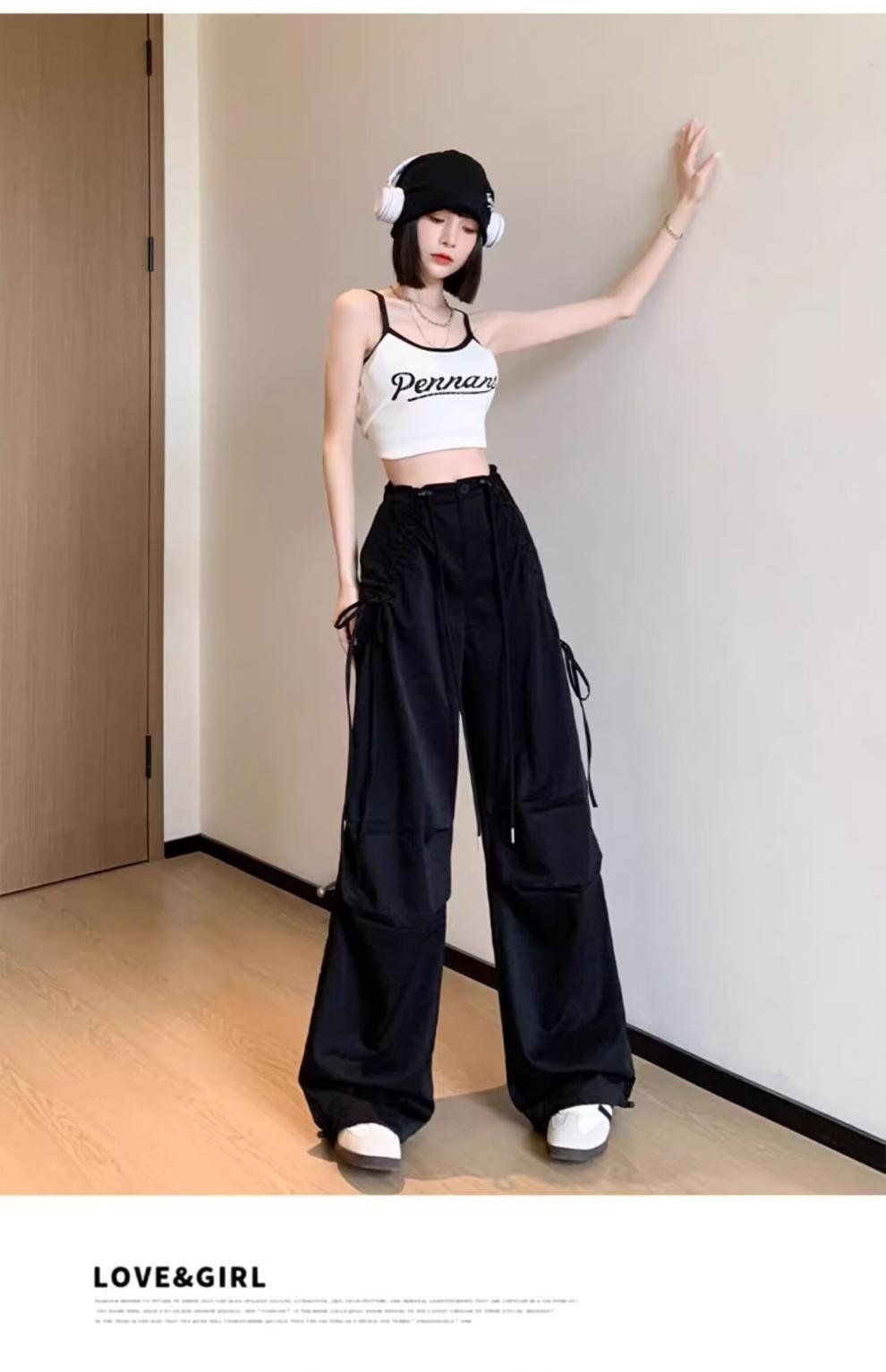 レディース パンツ ワイド カジュアル レトロ ストレート ワークパンツ 切り替えデザイン ストリート ポリエステル
