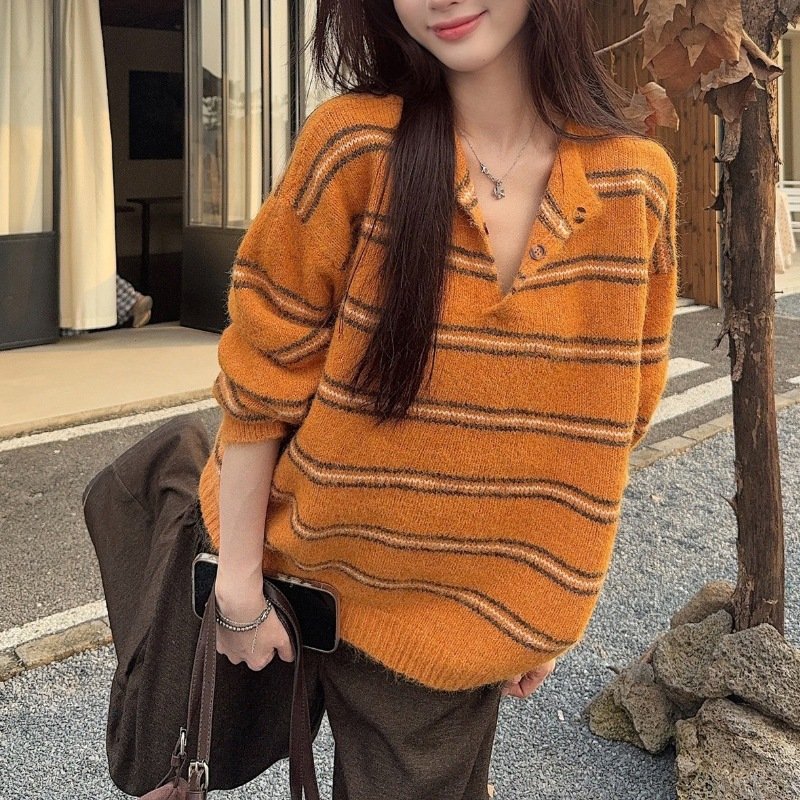 レディース ニット 長袖 ボーダー ストライプ チェック柄 ゆったり 秋冬 秋 ミニ 膝丈 冬 セーター ゆる プルオーバー 襟付き バイカラー フェミニン タイ ポリエステル