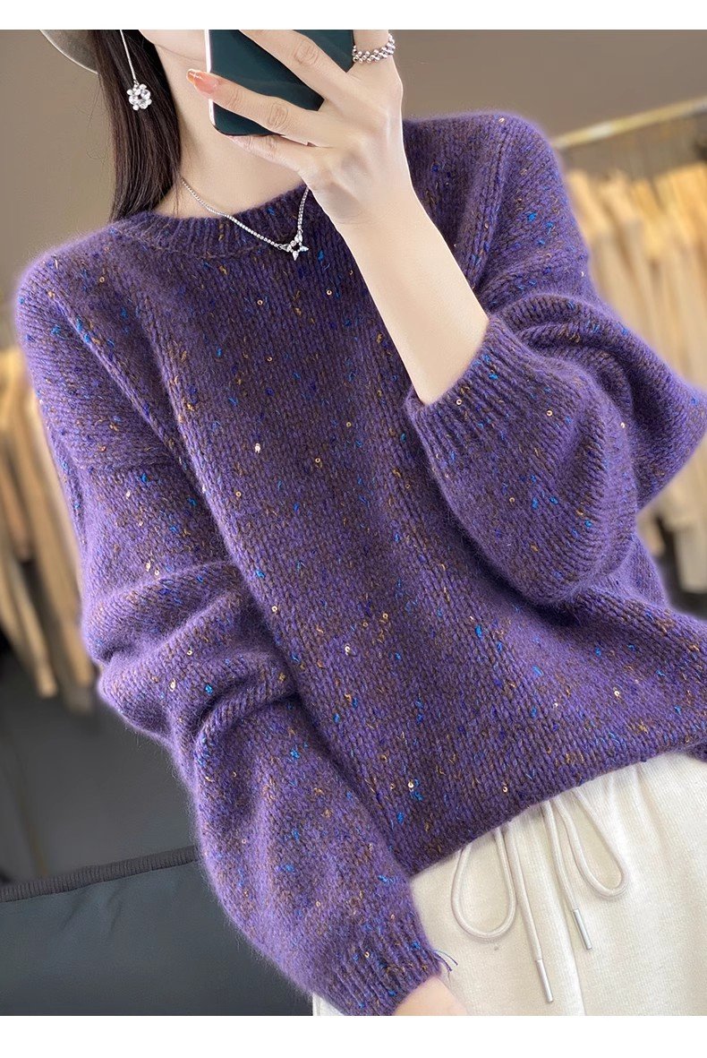 レディース トップス ニット 長袖 ゆったり 秋冬 秋 きれいめ 通勤 体型カバー 大きいサイズ 膝丈 ラウンドネック 冬 ウール セーター プルオーバー スパンコール インナー ポリエステル