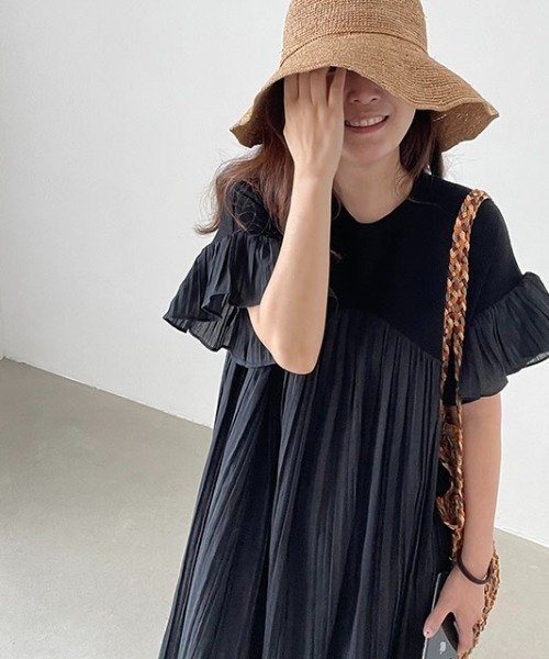 ワンピース 長袖 無地 夏 秋 春夏 プリーツ 韓国ファッション ラウンドネック シンプル リゾート 冬 ロング フリル