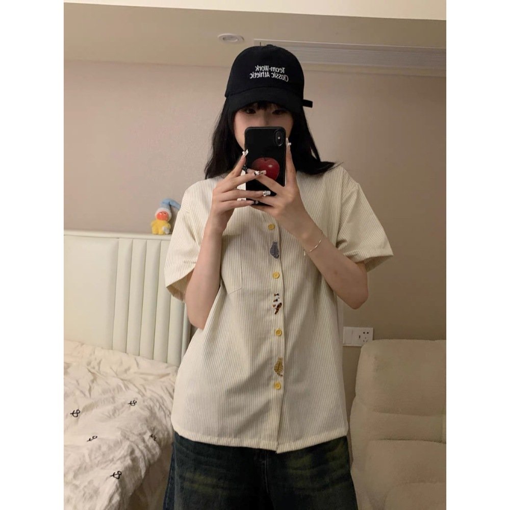 レディース ブラウス シャツ トップス 半袖 ボーダー ストライプ チェック柄 アニマル柄 ゆったり コットン 綿 春夏 カジュアル 前開き 春 夏 膝丈 シンプル 刺繍 カップル 切り替えデザイン イエロー 襟付き ボタン ポリエステル