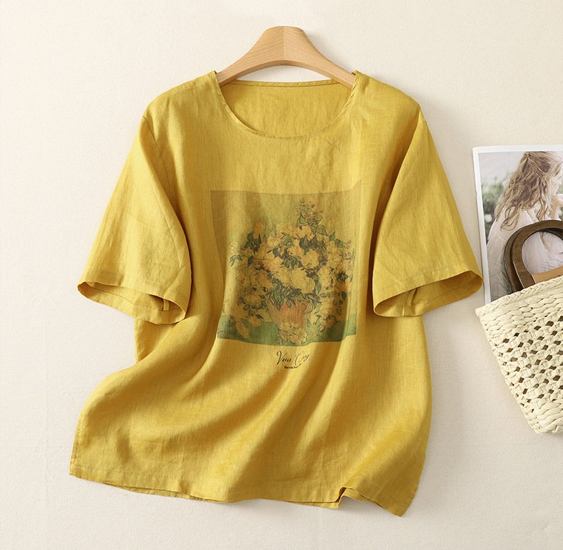 トップス Tシャツ 半袖 プリント ゆったり コットン 綿 リネン 春夏 きれいめ レトロ 通勤 体型カバー 春 夏 ラウンドネック シャツ 都会的 レギュラー 丸首