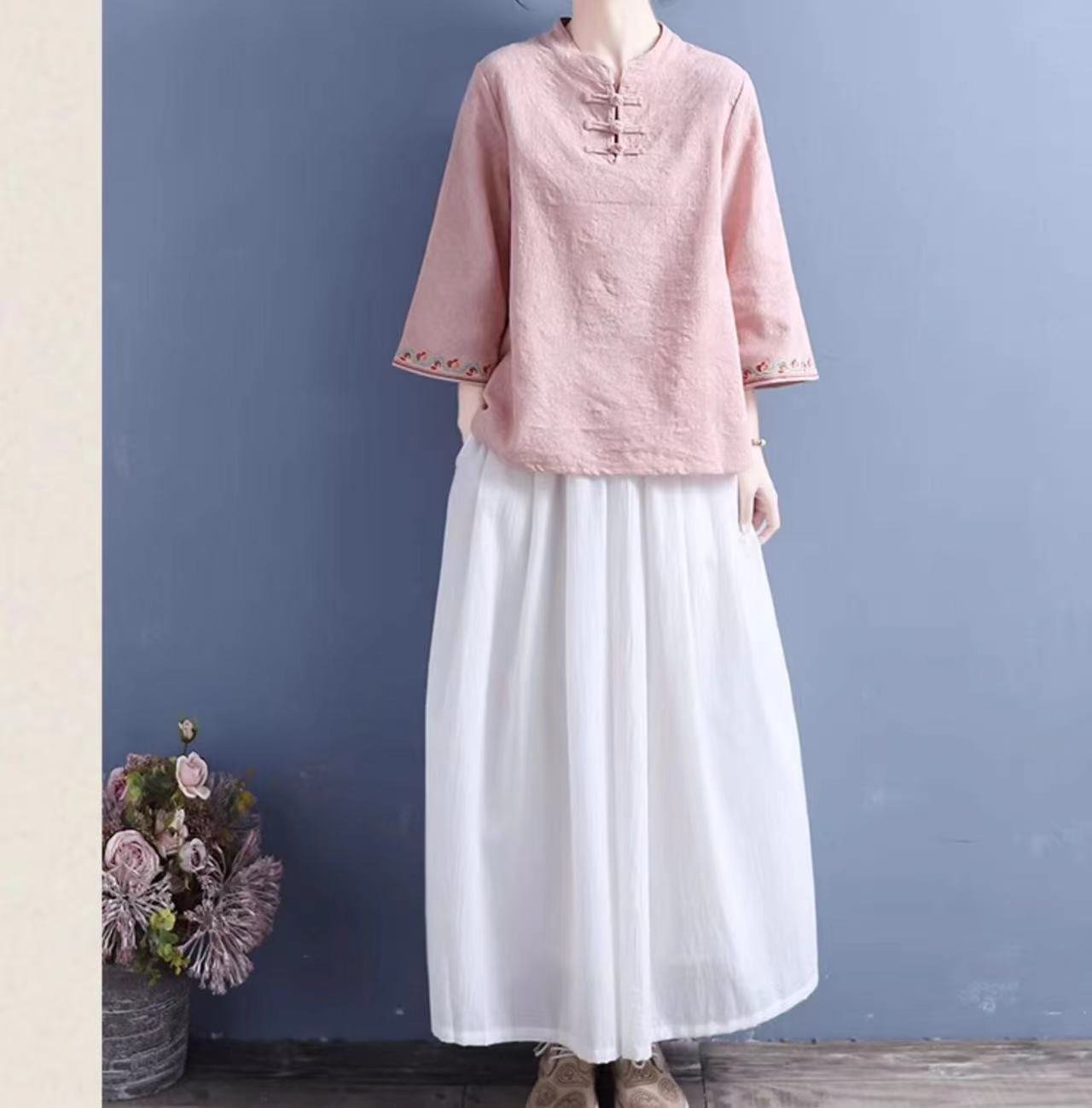 レディース シャツ トップス 無地 コットン 綿 麻 春夏 レトロ 前開き 春 夏 シンプル 刺繍 ロング 薄手 ベルスリーブ セットアップ