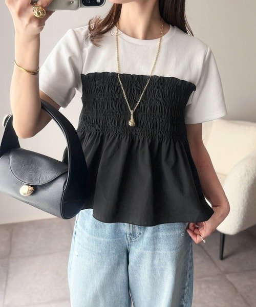 トップス Tシャツ ニット 半袖 春夏 きれいめ 通勤 春 ショート 夏 韓国ファッション シャツ 切り替えデザイン 都会的