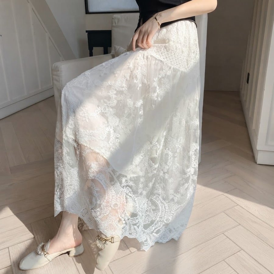 レディース スカート 無地 春夏 カジュアル 春 夏 レース 上品 ロング 切り替えデザイン ハーフ ハイウエスト ストレッチ ロングスカート