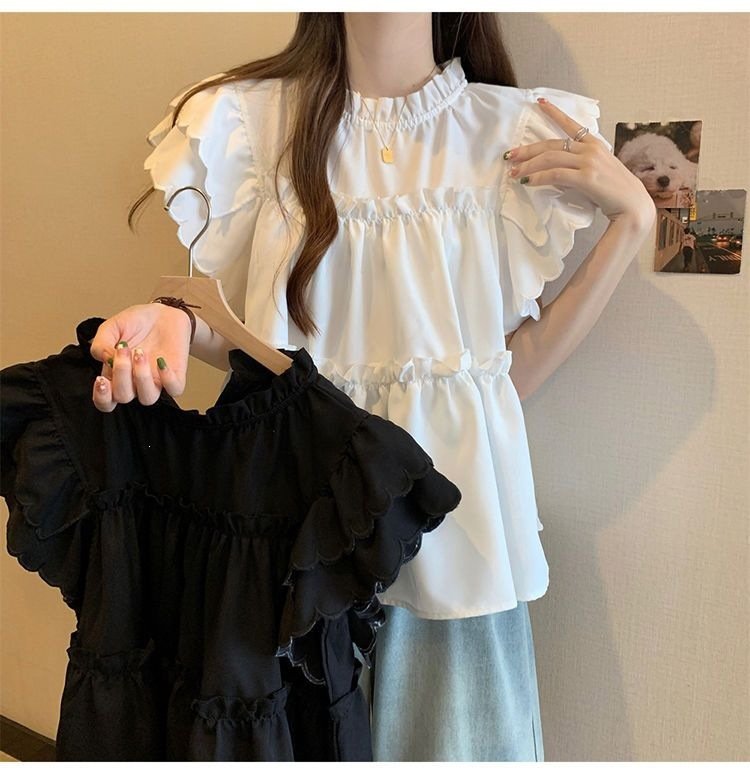 レディース ブラウス シャツ トップス 半袖 ノースリーブ ゆったり スリム 春夏 きれいめ 体型カバー 前開き 袖なし 春 夏 ハイネック 上品 フリル プルオーバー スタンドカラー タイ