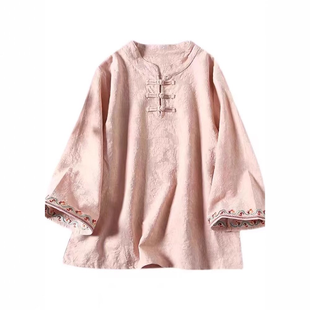 レディース シャツ トップス 無地 コットン 綿 麻 春夏 レトロ 前開き 春 夏 シンプル 刺繍 ロング 薄手 ベルスリーブ セットアップ
