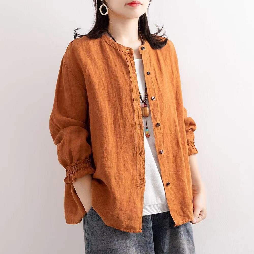 レディース シャツ ジャケット ゆったり コットン 綿 春 秋 カジュアル レトロ 体型カバー 春夏 前開き 膝丈 ラウンドネック