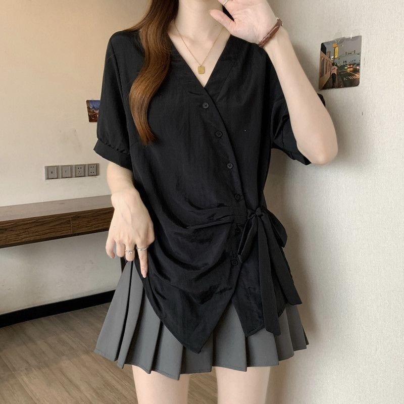 レディース シャツ トップス Tシャツ 半袖 無地 スリム 春夏 きれいめ 通勤 大きいサイズ 前開き Vネック 春 夏 シンプル リボン 個性的 レギュラー ボタン ポリエステル