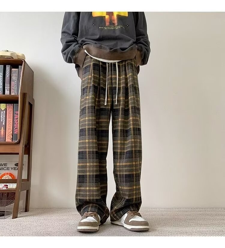パンツ チェック柄 ワイド 春 秋冬 カジュアル 秋 冬 ストレート ヴィンテージ ポリエステル