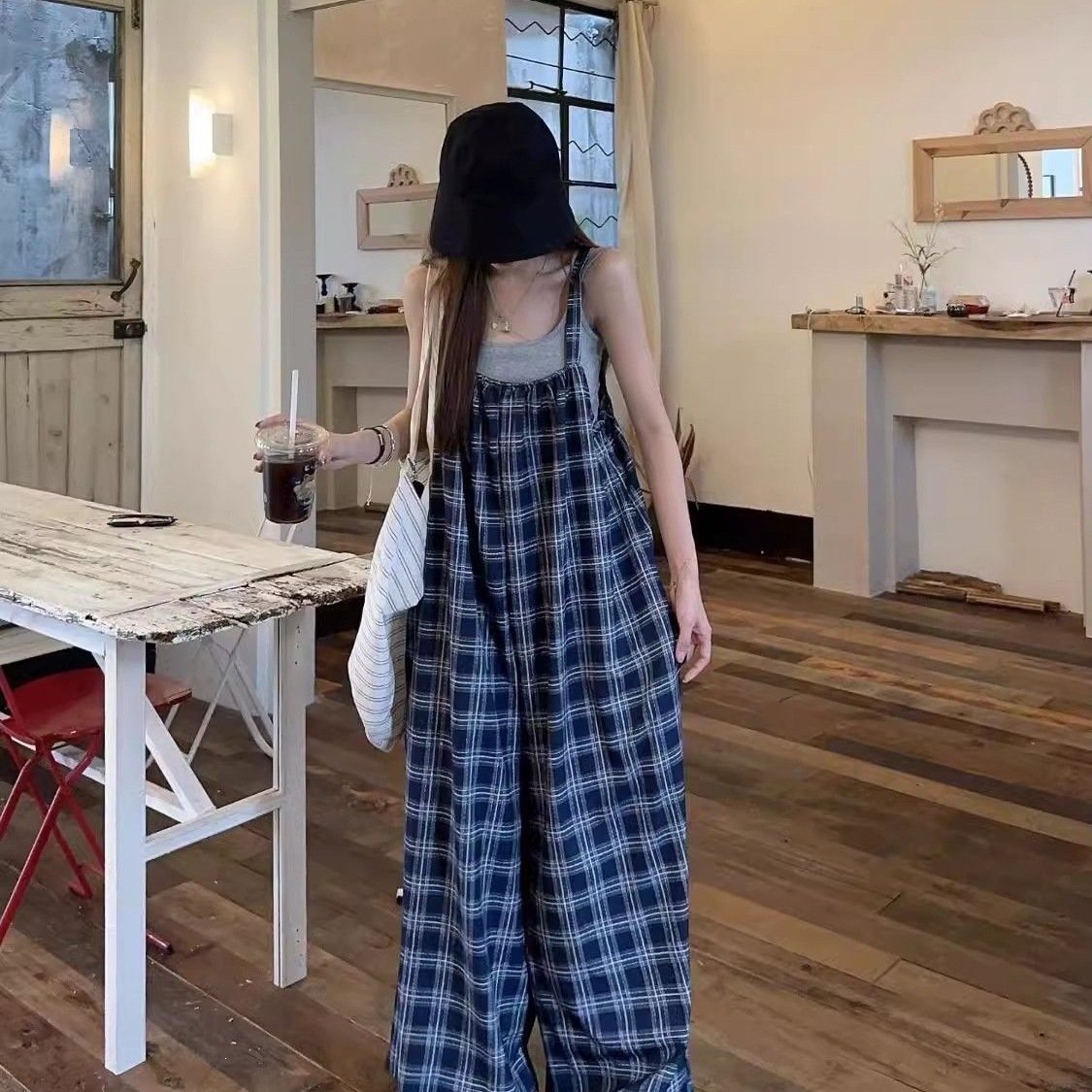 パンツ チェック柄 ゆったり ワイド 春夏 レトロ 体型カバー ミニ 春 夏 ロング サロペット フェミニン オールインワン