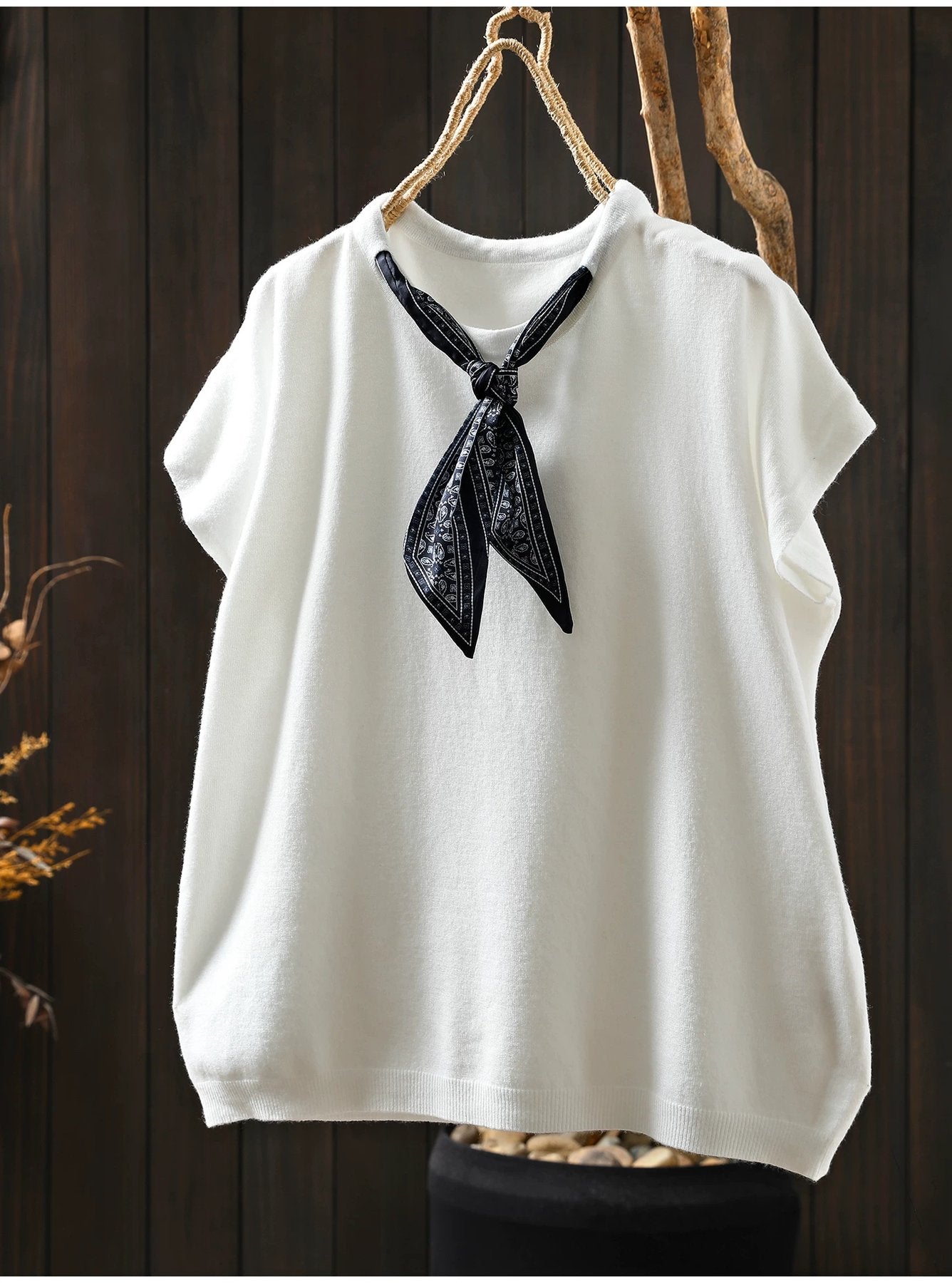 トップス Tシャツ ニット ノースリーブ ゆったり コットン 綿 秋冬 秋 体型カバー 袖なし ラウンドネック 冬 シャツ スカーフ インナー