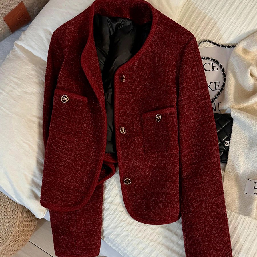 コート ジャケット 長袖 花柄 無地 秋冬 秋 きれいめ ショート ラウンドネック シンプル 冬 黒 上品 厚手 タイ ベルベット ポリエステル 丸首