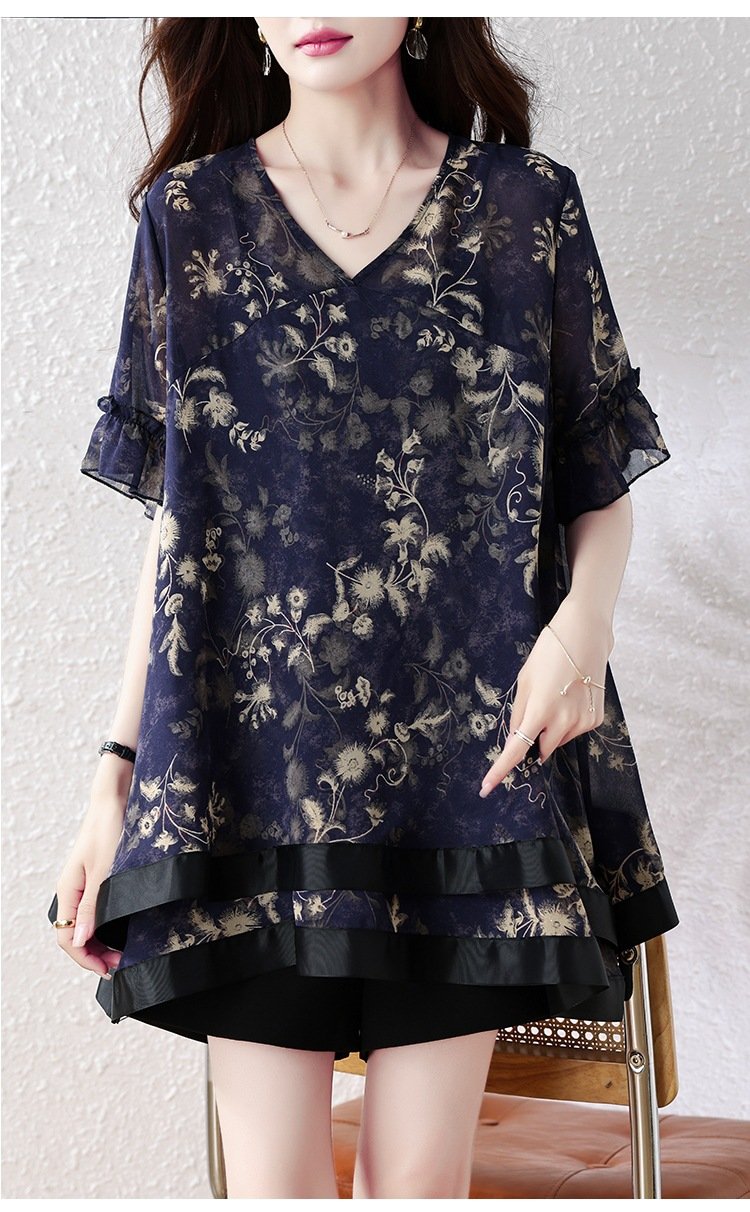 トップス 半袖 ゆったり 春夏 きれいめ レトロ 大きいサイズ おしゃれ Vネック 春 夏 上品 切り替えデザイン ミディアム レギュラー