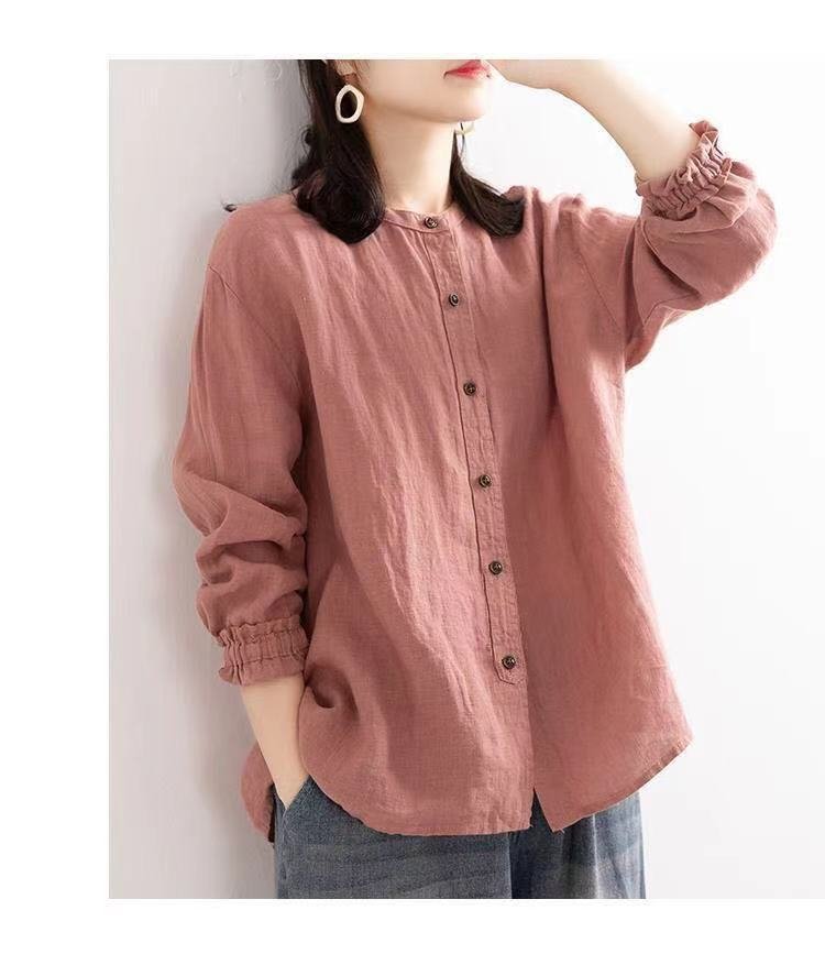 レディース シャツ ジャケット ゆったり コットン 綿 春 秋 カジュアル レトロ 体型カバー 春夏 前開き 膝丈 ラウンドネック