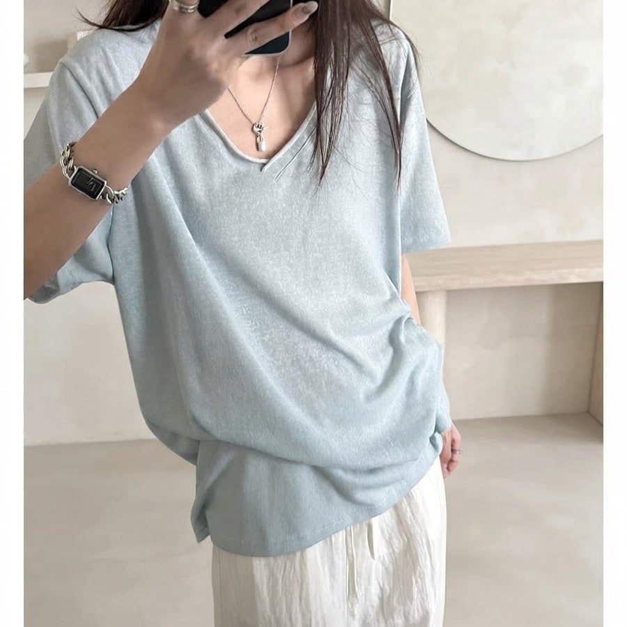レディース Tシャツ 半袖 ゆったり リネン 春夏 カジュアル Vネック 春 夏 シャツ ロールアップ ポリエステル