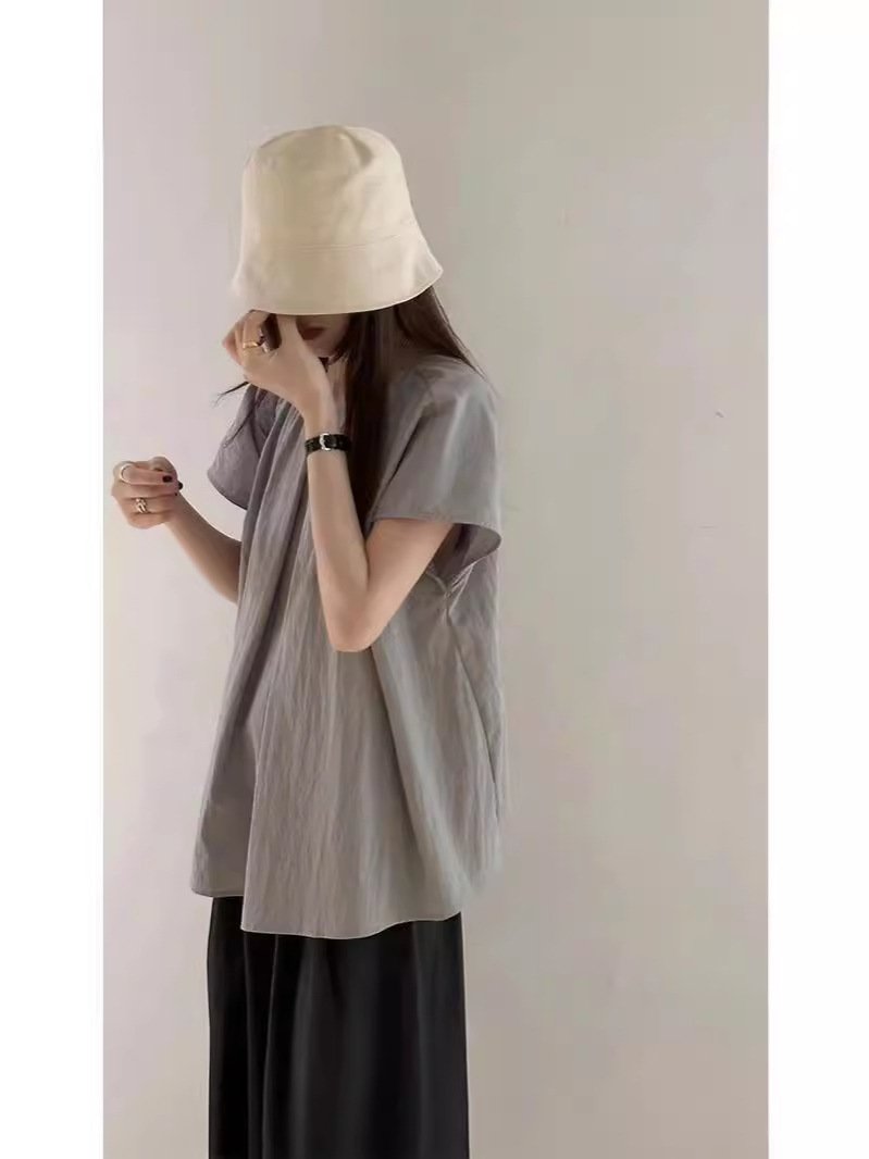 レディース シャツ トップス 半袖 ゆったり 春夏 カジュアル 前開き ミニ 春 夏 ラウンドネック クルーネック グレー フェミニン レギュラー ポリエステル