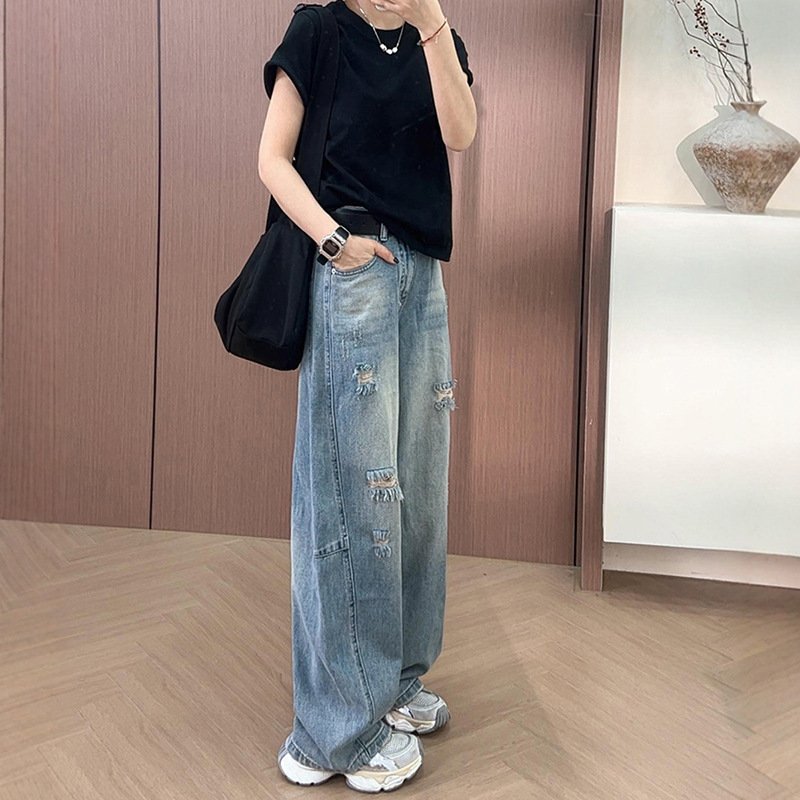 レディース パンツ ゆったり ワイド コットン 綿 デニム 夏 秋冬 カジュアル 大きいサイズ 秋 冬 スリム ロング ストレート ロングパンツ デニムパンツ ハイウエスト ダメージ