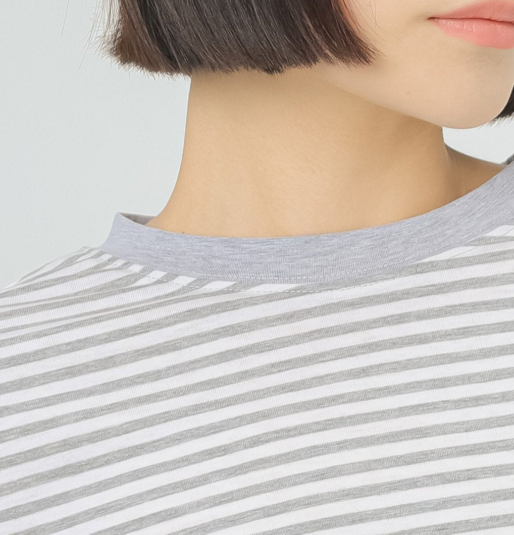 レディース トップス Tシャツ ニット 半袖 ボーダー ストライプ チェック柄 ゆったり コットン 綿 夏 体型カバー 春夏 膝丈 ラウンドネック シャツ
