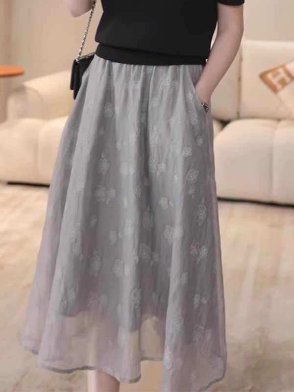 ワンピース スカート 無地 プリント 春夏 きれいめ 通勤 オフィス おしゃれ 春 夏 シンプル ロング Aライン グレー ハーフ ポリエステル