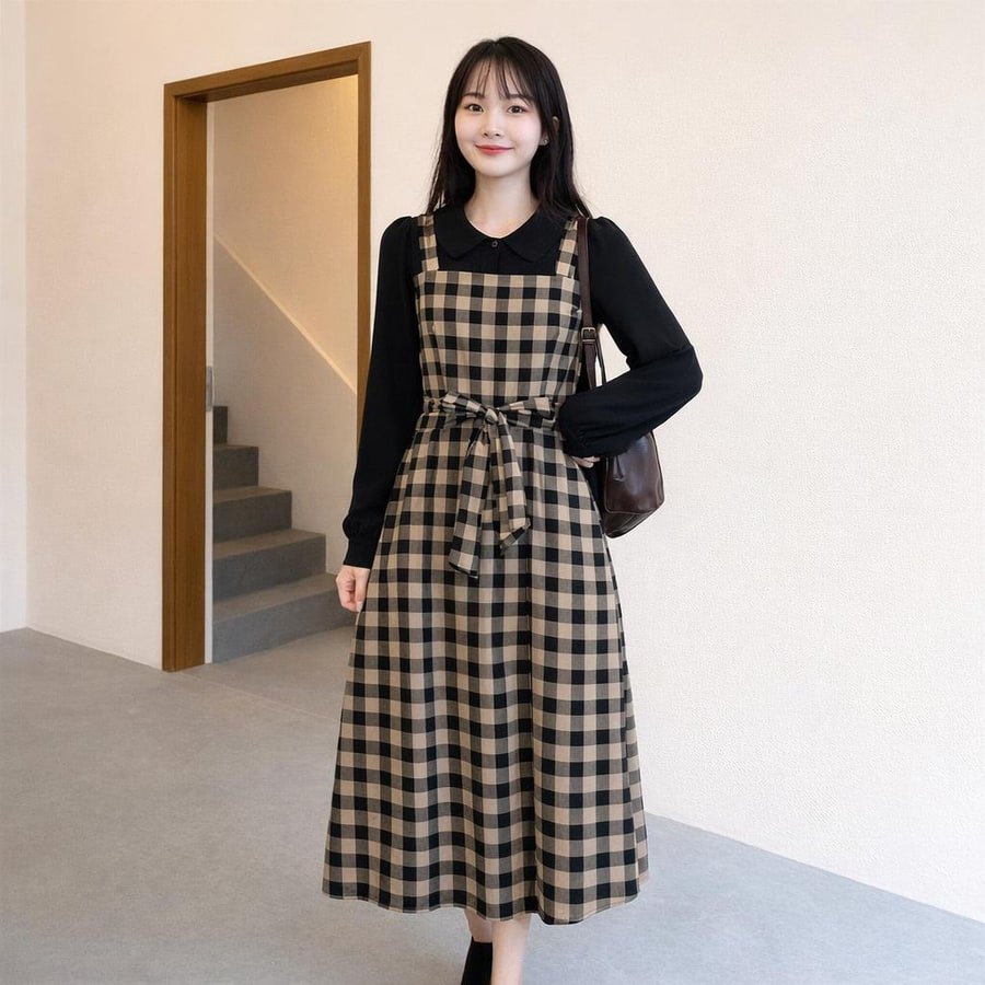 ワンピース 長袖 チェック柄 春 秋 レトロ 春夏 ぽっちゃり 襟付き