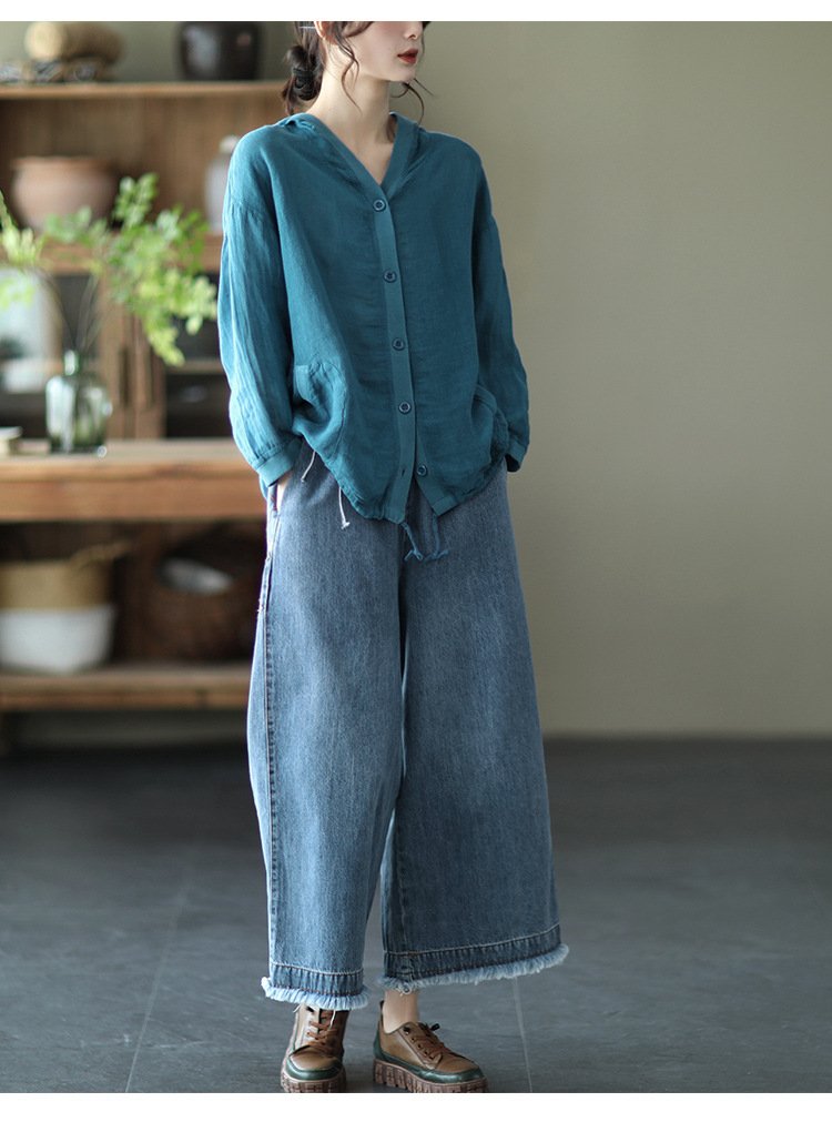 シャツ ジャケット 長袖 ゆったり コットン 綿 リネン 夏 レトロ 体型カバー 春夏 前開き 上品 フード