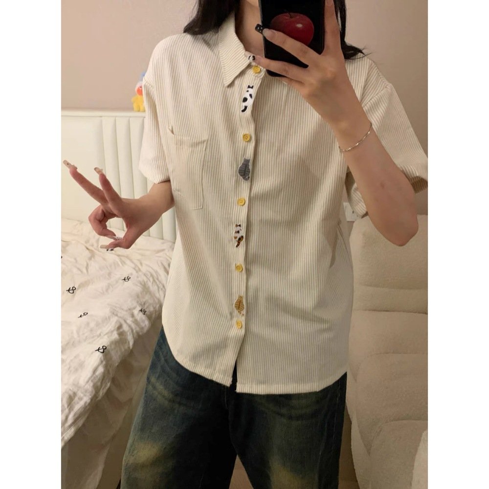 レディース ブラウス シャツ トップス 半袖 ボーダー ストライプ チェック柄 アニマル柄 ゆったり コットン 綿 春夏 カジュアル 前開き 春 夏 膝丈 シンプル 刺繍 カップル 切り替えデザイン イエロー 襟付き ボタン ポリエステル