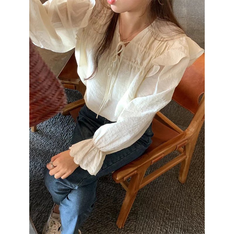 シャツ 長袖 きれいめ 韓国風 前開き Vネック フレア 上品 シフォン フリル タイ ストレッチ