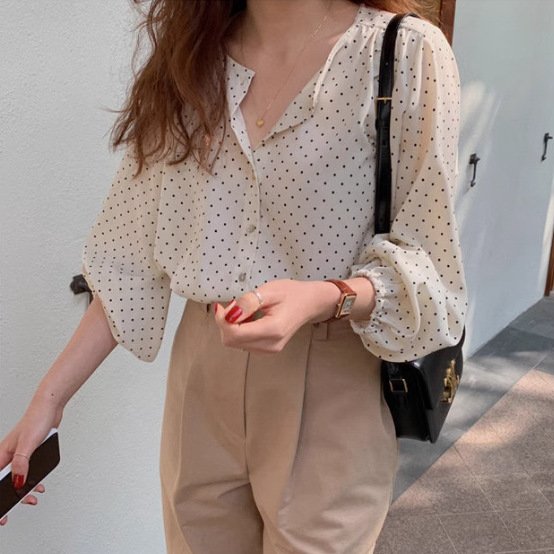 レディース シャツ トップス 長袖 ゆったり 春夏 カジュアル きれいめ レトロ 前開き 春 夏 膝丈 ラウンドネック 上品 水玉 切り替えデザイン ポリエステル