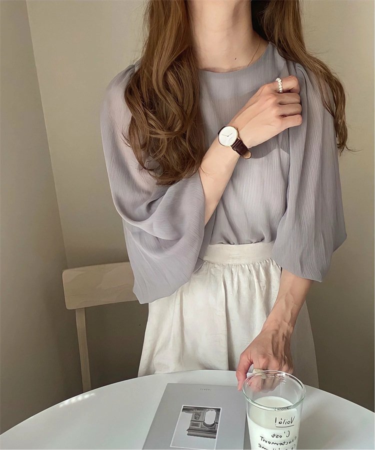 シャツ 長袖 ボーダー ストライプ ゆったり 春夏 通勤 前開き 春 夏 ラウンドネック シフォン ビーチ アウター