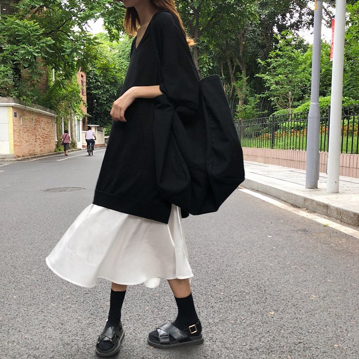 ワンピース 半袖 長袖 無地 春夏 カジュアル 体型カバー Vネック 春 夏 黒 シンプル ロング Aライン ハイウエスト
