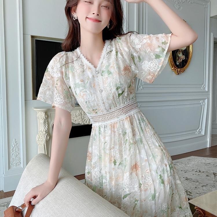 ワンピース ドレス 半袖 花柄 春夏 Vネック 春 夏 シフォン ロング タイト 薄手 細身 Aライン