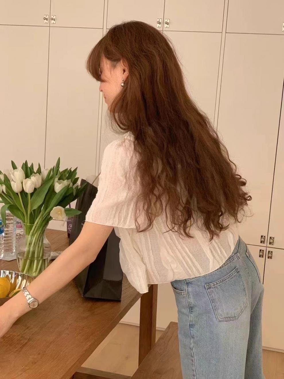 レディース シャツ トップス 無地 ゆったり 春夏 カジュアル きれいめ 韓国風 前開き 春 ショート 夏 ラウンドネック シンプル 上品 切り替えデザイン タイ ポリエステル