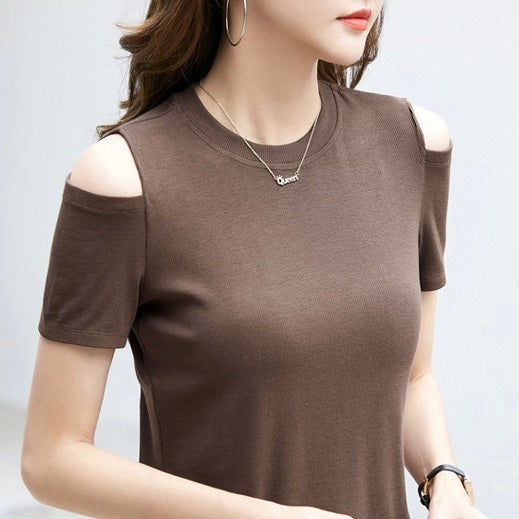 レディース トップス カットソー プルオーバー Tシャツ 半袖 クルーネック オフショルダー スマート フェミニン ストリート お腹見せ かわいい 大人可愛い きれいめ シンプル カジュアル おしゃれ かっこいい こなれ感 ラフ ガーリー クール キュート ベーシック アメリカン アクティブ ナチュラル 無地 夏 お出かけ イベント 楽ちん 普段使い 着回し 流行 定番 S M L XL 2XL 3XL 白 ホワイト 黒 ブラック 茶色 ブラウン グレー 黄色 イエロー ベーシックカラー 大人カラー