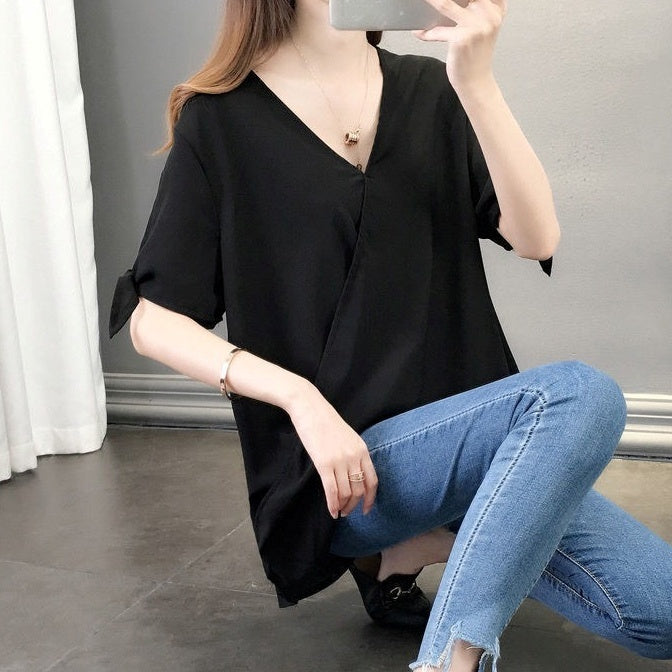 トップス シャツ シフォンシャツ 5分袖 Vネック プルオーバー 袖リボン 肌見せ かわいい 可愛い 大人可愛い きれいめ シンプル レトロ おしゃれ かっこいい カジュアル こなれ感 個性的 魅力的 主役級 存在感 抜け感 春 夏 ベーシック ナチュラル エレガント キュート ガーリー 無地 女性用 レディース ママ マタニティ OL 通勤 オフィス 学生 通学 デート お出かけ ランチ 旅行 休日 カフェ ショッピング 普段使い 着回し 重ね着 L XL 2XL 3XL 4XL 5XL 6XL