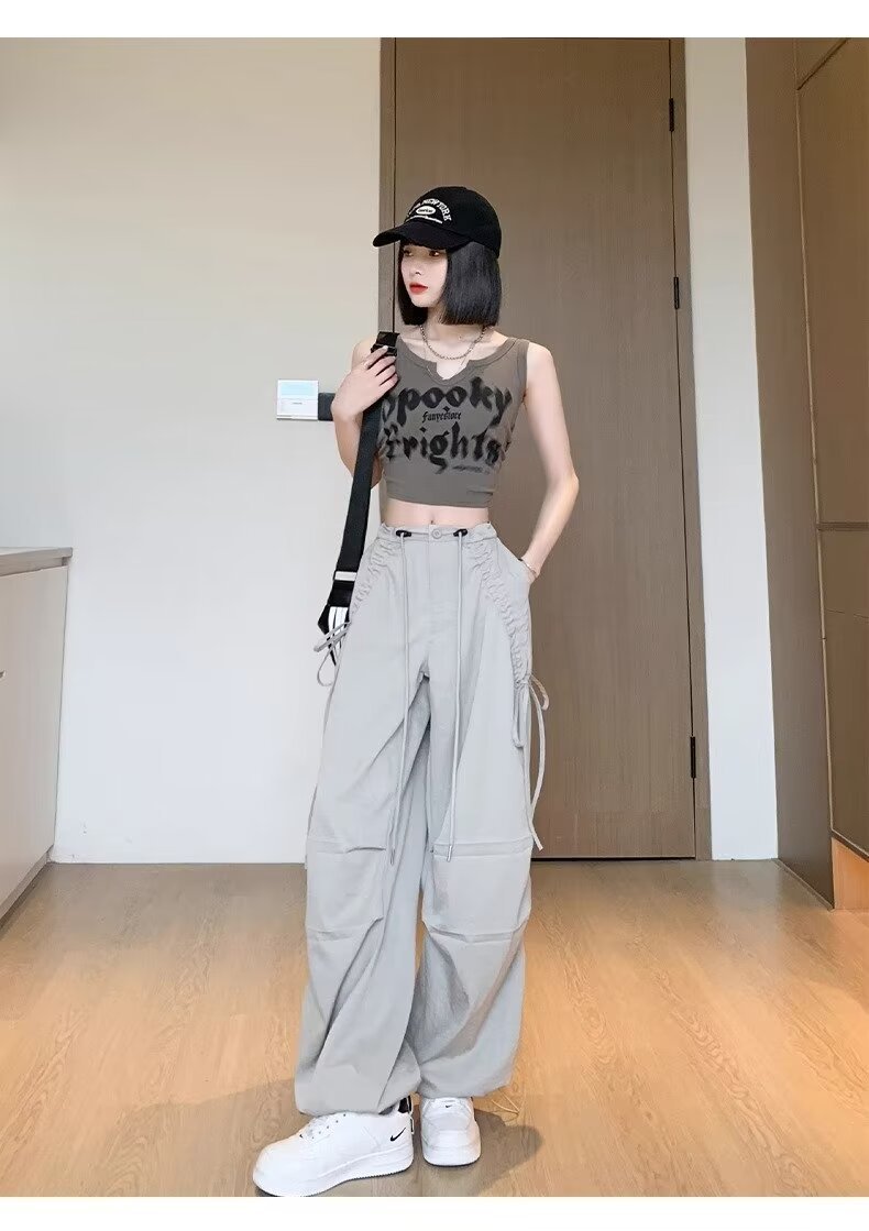 レディース パンツ ワイド カジュアル レトロ ストレート ワークパンツ 切り替えデザイン ストリート ポリエステル