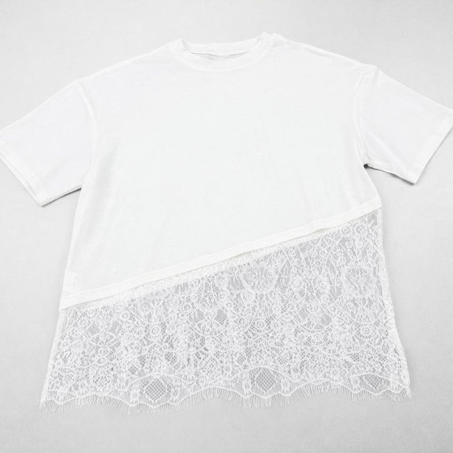 レディース Tシャツ 半袖 ボーダー ストライプ ゆったり 春夏 春 夏 ラウンドネック レース シャツ 切り替えデザイン レギュラー 丸首