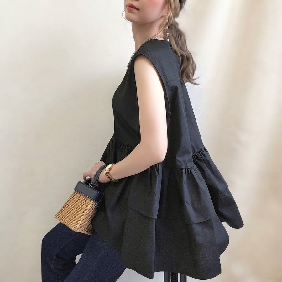 レディース ブラウス シャツ トップス ノースリーブ 無地 ゆったり 春夏 きれいめ 前開き 袖なし 春 夏 ラウンドネック シンプル 上品 フリル レギュラー ポリエステル レディースシャツ