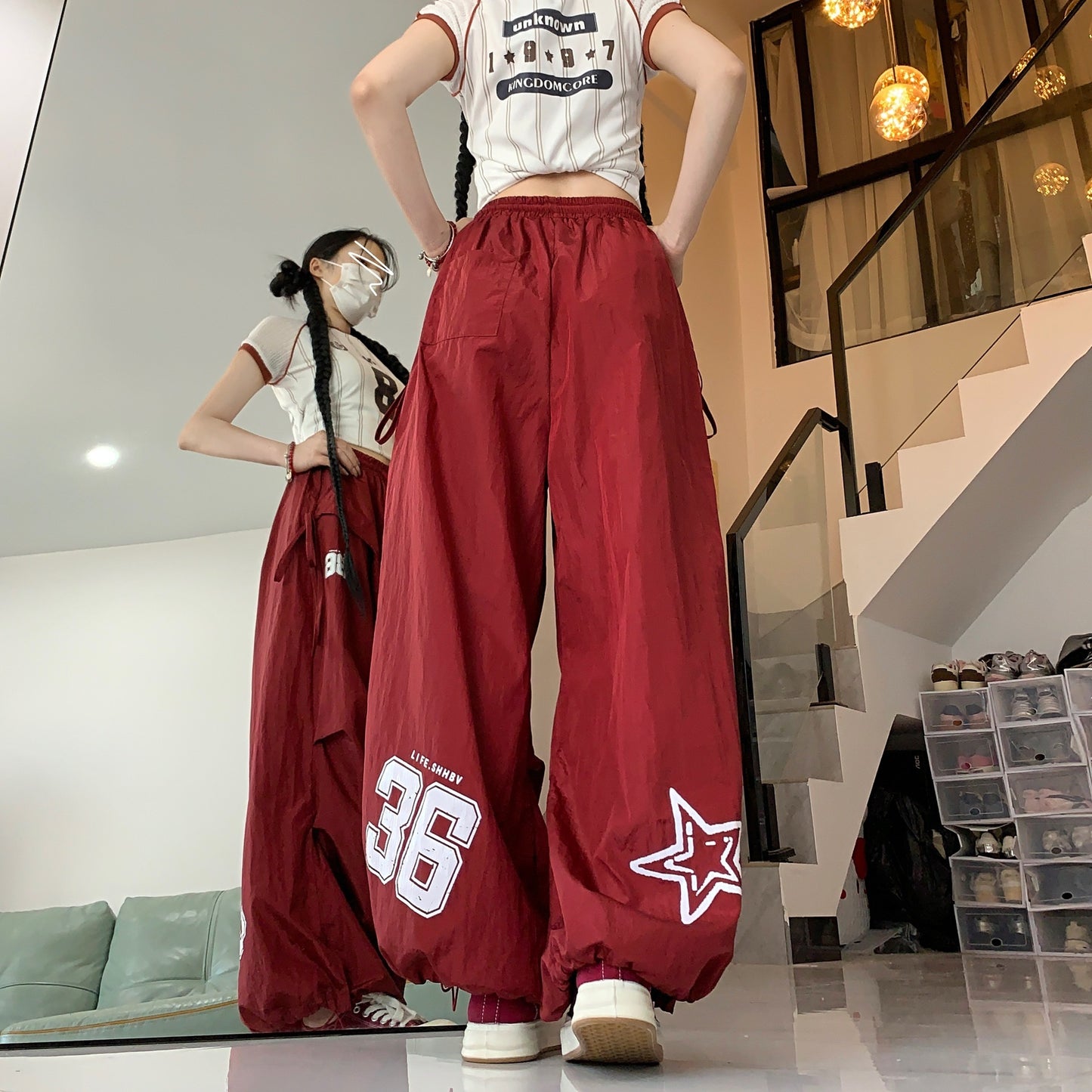 バルーンパンツ レディース パンツ ボトムス ワイドパンツ 丈長 ロング ワイド 裾ワイド ストリート ポケット ハイウエスト ドロスト カジュアル おしゃれ かっこいい メンズライク ボーイッシュ ルーズ クール ロゴ 春 夏 ママ 学生 学校 通学 部活 お出かけ アウトドア 旅行 ジム 公園 休日 韓国 オルチャン コーデ 楽ちん 体型カバー 普段使い 着回し XS S M L 小さいサイズ ブラック レッド ベーシックカラー