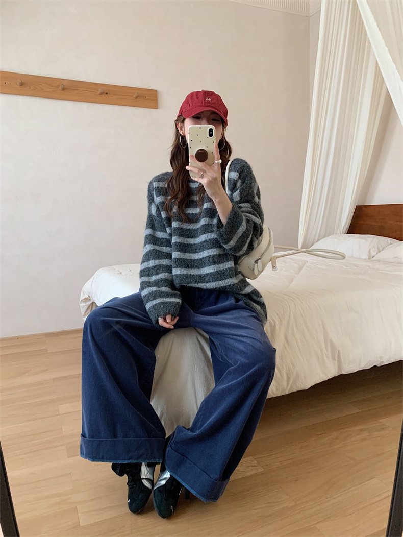 レディース トップス ニット 長袖 ボーダー ストライプ ゆったり 秋冬 秋 カジュアル レトロ 体型カバー 膝丈 ラウンドネック 冬 切り替えデザイン プルオーバー ストレッチ